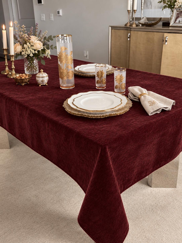 Porto Chenille Velvet Tablecloth – Cranberry