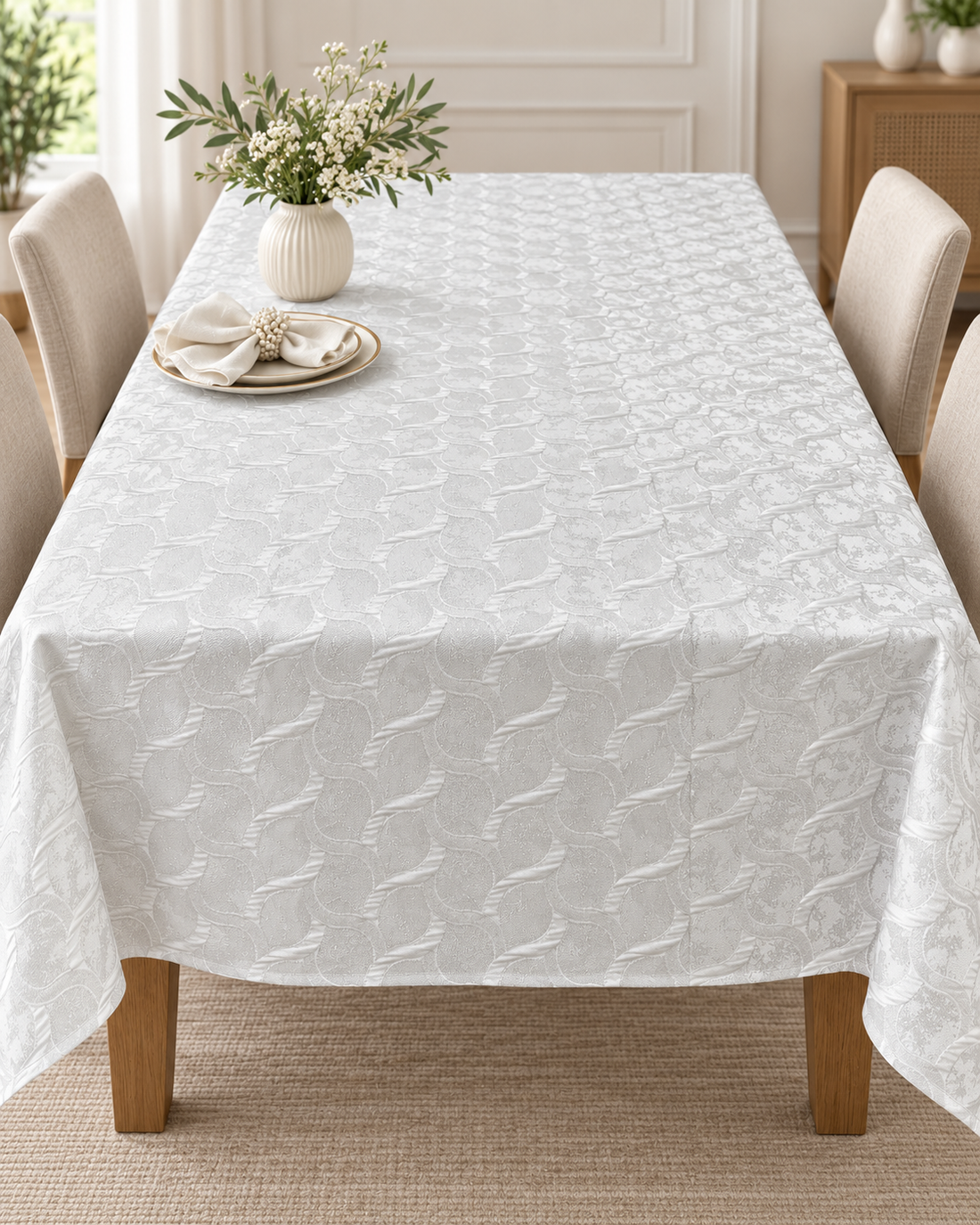 White & Silver Geometric Textured Tablecloth